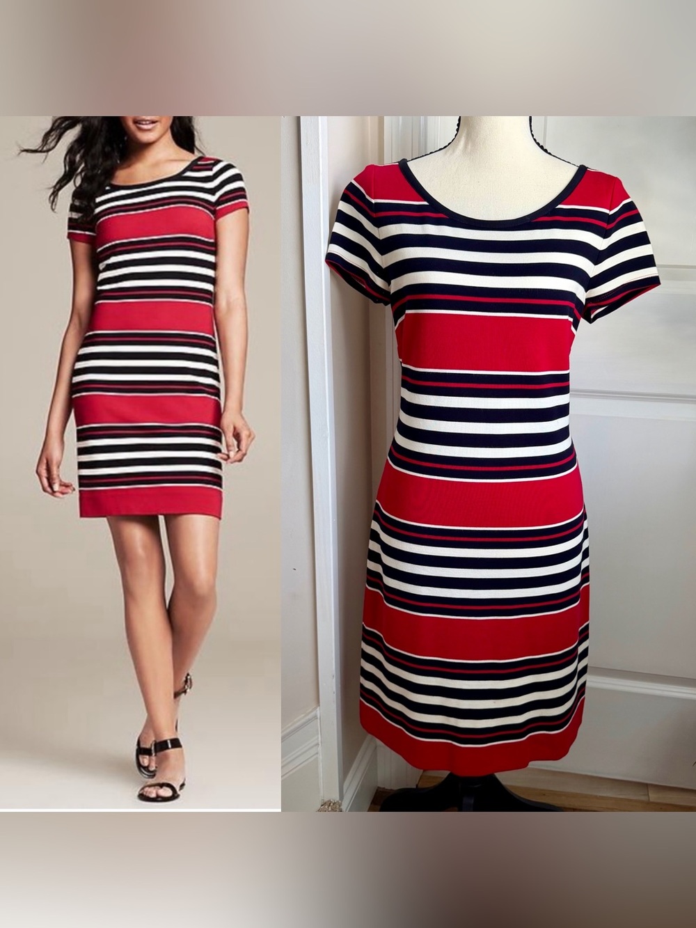 Banana Republic Multi Striped Knit Short Sleeve Sheath Dress Red Sz 6